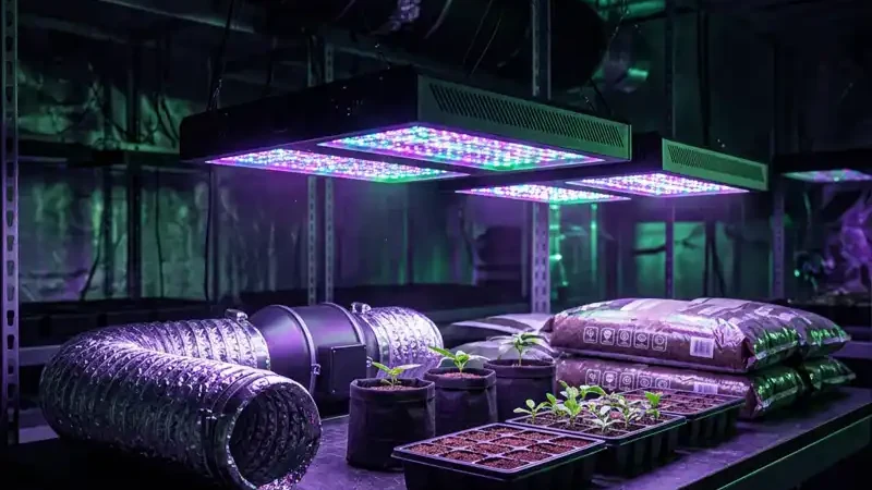 Professionelle Grow-LEDs, Klimatechnik, Substrate und Jungpflanzen in einer Anlage