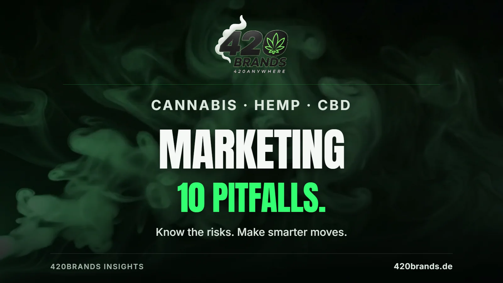 420BRANDS Insights: Cannabis, hemp and CBD marketing – 10 pitfalls, with the 420BRANDS logo over green smoke.